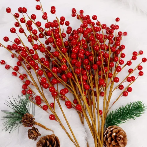 Vista 11 de DR.DUDU Paquete de 12 ramitas de bayas artificiales para decoración de árbol de Navidad, tallos de bayas rojas de Navidad para manualidades