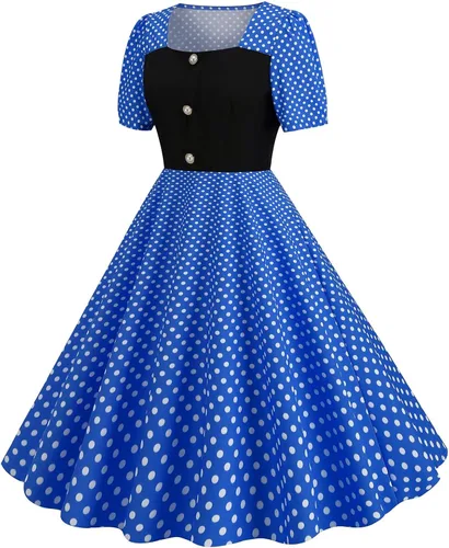 Vista 3 de Vestidos elegantes para mujer, casual, lunares, manga abombada, de un solo botonadura, manga corta, cuello cuadrado, vestido de retazos con vuelo