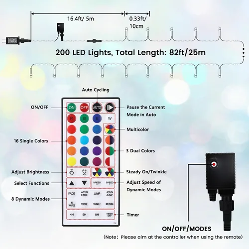 Vista 7 de Toodour Guirnalda de luces RGB de 66 pies, 200 luces LED que cambian de color con control remoto y temporizador, luces pastel impermeables