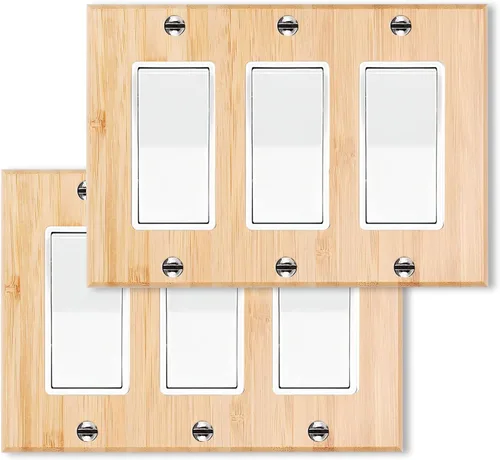 Vista 28 de Placa de Interruptor de Luz Dúplex de Palanca de Madera Maciza de 1 Gang, 4.5" x 4.5", Cubierta de Interruptor de Luz de Bambú de Madera Cruda