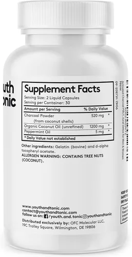 Vista 2 de Youth & Tonic Píldoras de carbón activado líquido 3 en 1 + 1200 mg de aceite de coco orgánico y aceite de menta, desintoxicación digestiva