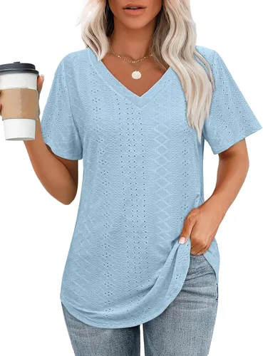 Vista 22 de OFEEFAN Camisetas básicas de manga corta con cuello en V para mujer, ajuste holgado, con dobladillo curvado B-verde