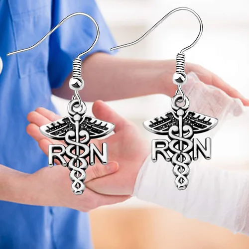 Vista 6 de WUSUANED Pendientes colgantes de gota para enfermera registrada RN Caduceus, joyería de enfermería, regalo de graduación para mujeres