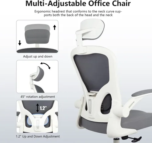 Vista 5 de Silla de escritorio ergonómica, soporte lumbar y reposacabezas 3D, silla de oficina en casa con respaldo de malla (gris)