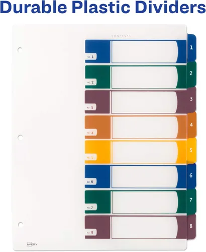 Vista 5 de Avery Separadores de plástico con 8 pestañas, tabla de contenido personalizable, pestañas multicolor, 1 juego (11817)