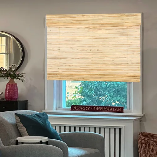 Vista 5 de Persianas de Bambú Opacas sin Cordón para Ventanas, Persianas Romanas de Filtrado de Luz con Cenefa de 6 Pulgadas de Alto, con Forro Oscurecedor