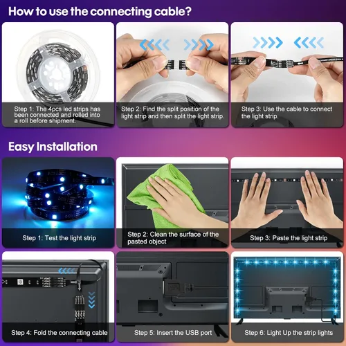 Vista 4 de Kit de tiras de luz LED USB, 4 tiras de luz LED RGB precortadas de 1.64 pies/6.56 pies, luces de fondo de TV que cambian de color con control