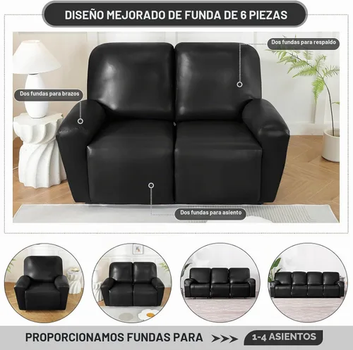 Vista 4 de Vctops - Funda elástica de 6 piezas para sofá biplaza reclinable, de cuero sintético impermeable, protector de muebles antideslizante con borde Negro
