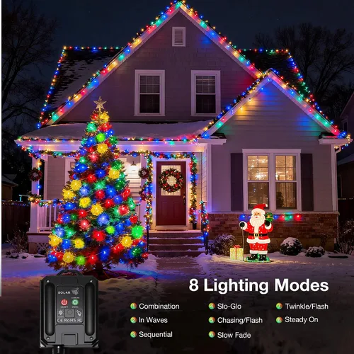 Vista 3 de Luces solares de Navidad al aire libre, 72 pies, 200 luces LED solares con 8 modos, cadena de luces de Navidad impermeable para patio, jardín