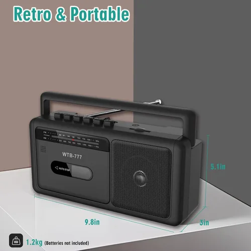 Vista 7 de WTB-777 Reproductor de casete portátil Boombox, radio AM/FM estéreo con Bluetooth, USB, grabador, conector para auriculares, alimentación CC/CA