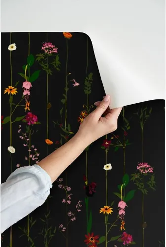 Vista 3 de Despegar y pegar papel tapiz Muestras – Moody Floral Dark Flower Stripe Wildflower Minimal Midcentury Modern Stripes Papel pintado personalizado