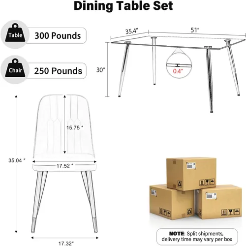 Vista 2 de Juego de mesa de comedor moderno de 51 pulgadas para 4, juego de sillas de mesa de cocina de vidrio para 4, mesa de cocina rectangular con 4 sillas