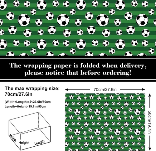 Vista 2 de AnyDesign Papel de regalo de fútbol, papel de regalo con temática de fútbol, blanco, negro, verde, papel de arte de fútbol a granel plegado plano