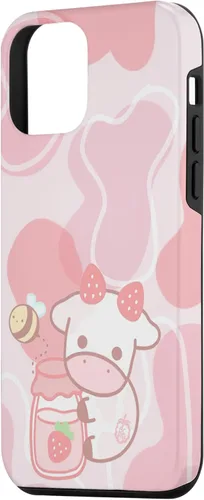 Vista 2 de Funda Kawaii para iPhone 12, diseño de vaca fresa, color rosa
