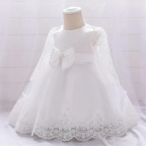 Vista 4 de Vestidos con vuelo para niñas y bebés con volantes de manga larga de encaje con lazo, vestidos de flores para desfiles, fiestas, bodas