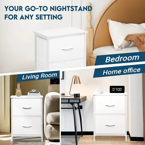 Vista 7 de LOFTEY Mesita de noche blanca, mesita de noche con 2 cajones de tela, mesita de noche para niños pequeños para dormitorio, mesa auxiliar de cama