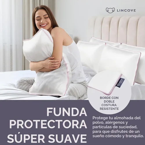 Vista 3 de Lincove Funda protectora de almohada de satén 100% algodón, funda de almohada con cremallera, 500 hilos, algodón de lujo, protector de almohada