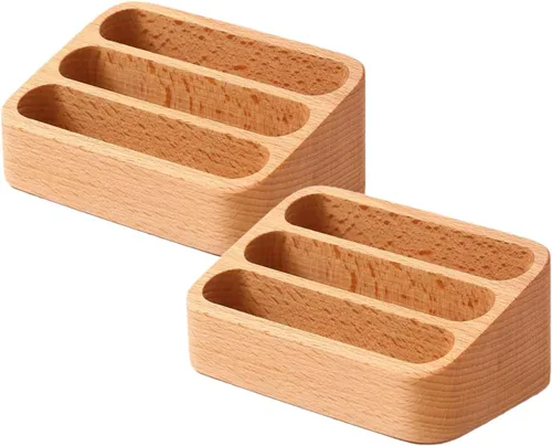 Vista 4 de Sizikato Soporte de madera para tarjetas de visita para escritorio, 3 ranuras para tarjetas de visita