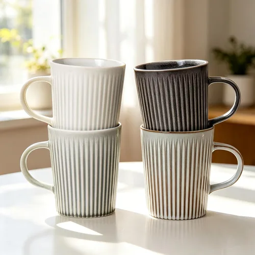 Vista 8 de Juego de 4 tazas de café, tazas de café grandes de cerámica a rayas de 16