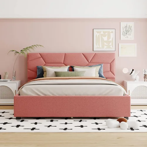 Vista 22 de Cama de plataforma tapizada de tamaño matrimonial con cabecera de terciopelo con patrón de flores, con marco de cama de soporte de listones