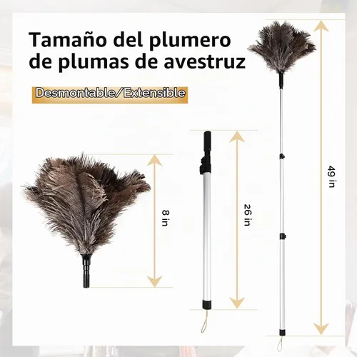 Vista 2 de Plumero extensible de avestruz de 26 a 49 pulgadas, plumero de limpieza natural con poste de extensión de aluminio reutilizable para techos altos