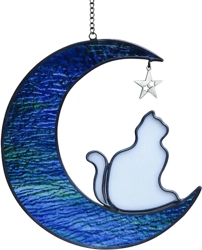 Vista 9 de Regalos conmemorativos para gatos por pérdida de gato, gato en luna, vitrales colgantes para ventanas, atrapasoles, regalos conmemorativos hechos a