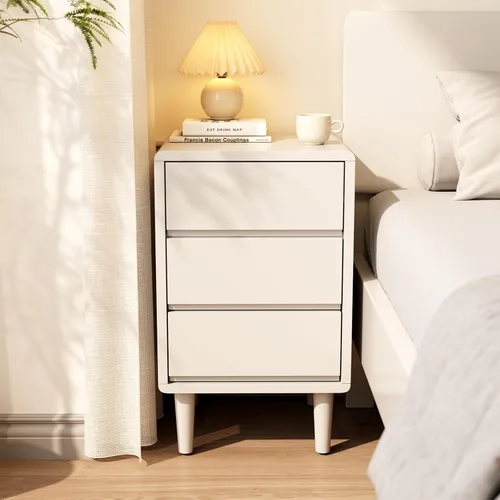 Vista 10 de Mesita de noche alta natural con 3 cajones, mesita de noche moderna de mediados de siglo con almacenamiento, mesita de noche de madera maciza