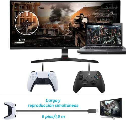 Vista 6 de Cargador para controlador PS5 – Pack de 2 cables de carga de 1.52 m OEM originales de 3A con cable de datos USB C a USB C, accesorios