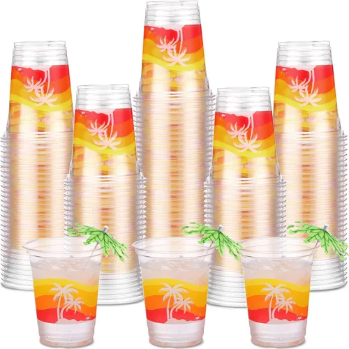 Vista 7 de Rtteri 100 vasos Luau de 12 onzas, vasos de plástico hawaiano tropical para fiesta, a granel, vasos desechables de palmera de coco y coco