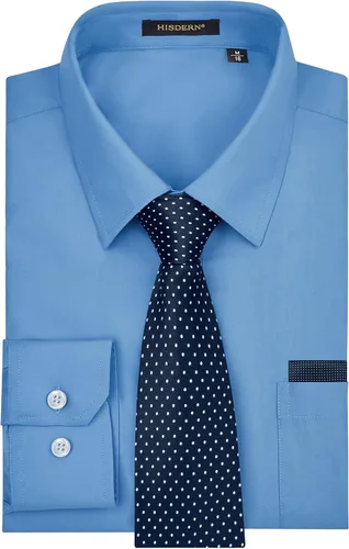 Vista 32 de HISDERN Mens Dress Shirt with Tie Pocket Square Set Classic Button Down Shirt Matching Tie Long Sleeve Shirts 08-verde
