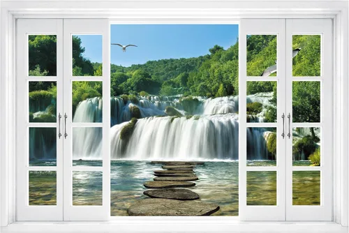 Vista 15 de FLFK Calcomanía de pared falsa para ventana, diseño de vista tropical del océano para despegar y pegar, 24 x 16 pulgadas
