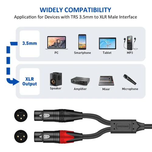 Vista 5 de Cable de conexión de audio estéreo hembra TRS a doble XLR de 0.138 in de 10 pies, macho de 1/8 de pulgada a cable adaptador de divisor en Y hembra