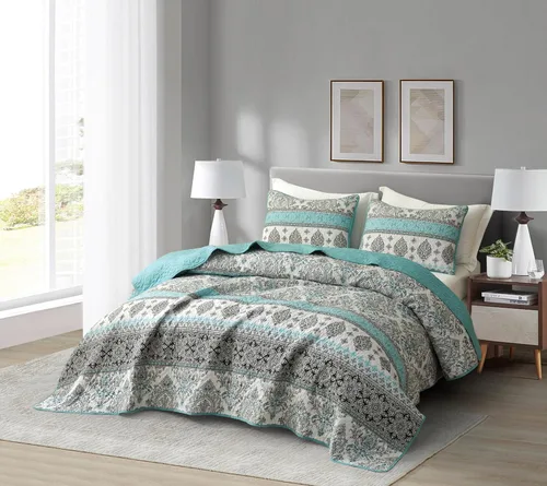 Vista 2 de Chezmoi Collection Herald - Juego de edredón estampado de 2 piezas, color azul aguamarina, negro, blanco, bohemio, damasco, colcha ligera