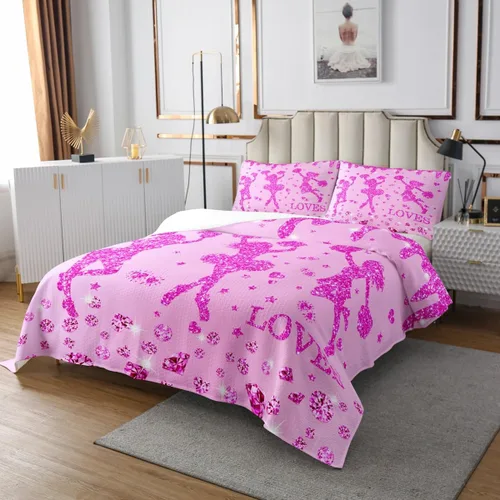 Vista 3 de Erosebridal Juego de edredón deportivo de animadora rosa para niñas, juego de edredón de lentejuelas con purpurina y diamantes para decoración