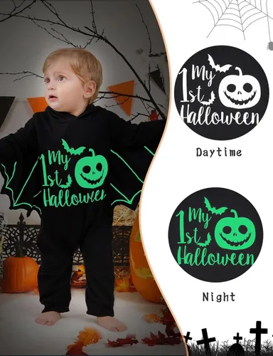 Vista 4 de Goodstoworld Disfraz de Halloween para bebé recién nacido, niño y niña, murciélago negro que brilla en la oscuridad, body de 0 a 18 meses