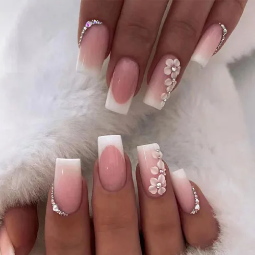 Vista 26 de Uñas postizas a presión de almendra, uñas postizas medianas con diseños de estampado francés de lámina dorada 3D, pegamento dorado Starlight en uñas