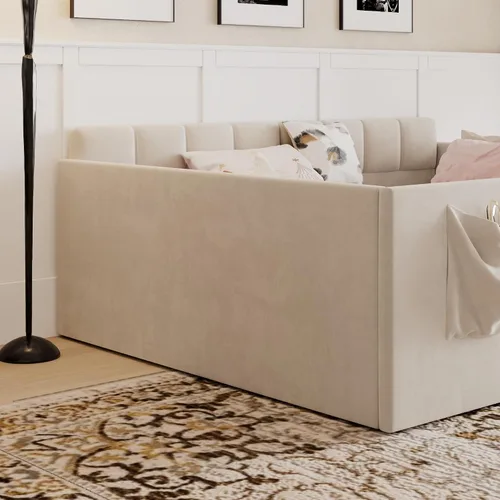 Vista 7 de RUNNA Full Size Daybed Velvet Upholstered Sofa Bed with High Side Panels and Side Entrance,Space-Saving Guest Bed with Storage Pockets (Beige#08)