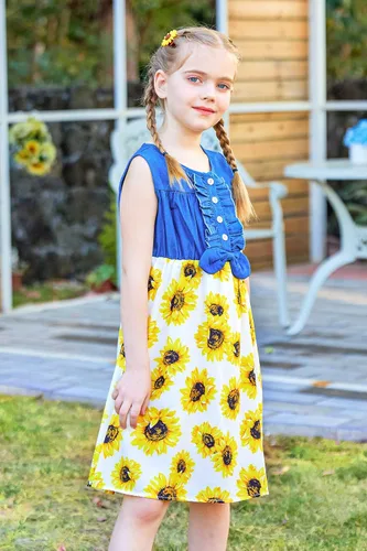Vista 3 de Enlifety - Vestidos de princesas para niñas pequeñas, sin mangas, blusa de mezclilla y faldas de tutú con estampado floral, vestido de verano de una