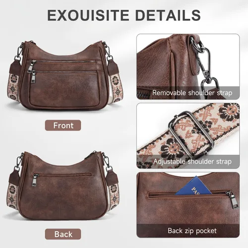 Vista 6 de Bolsos cruzados para mujer, bolso de cuero moderno con múltiples bolsillos y correa de guitarra ajustable