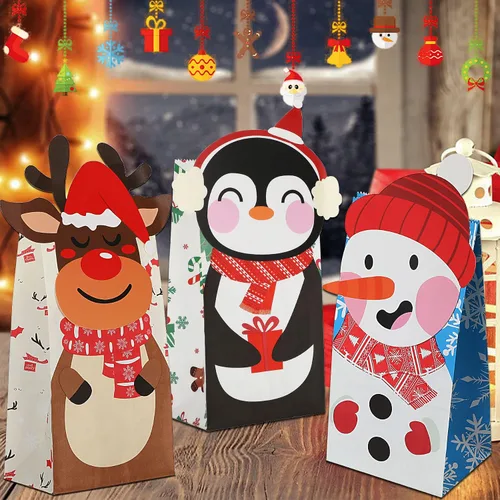 Vista 4 de FEBSNOW 24 bolsas de regalo de Navidad con 24 piezas de pegatinas, bolsas de dulces navideños, bolsas de envoltura de galletas navideñas, bolsas