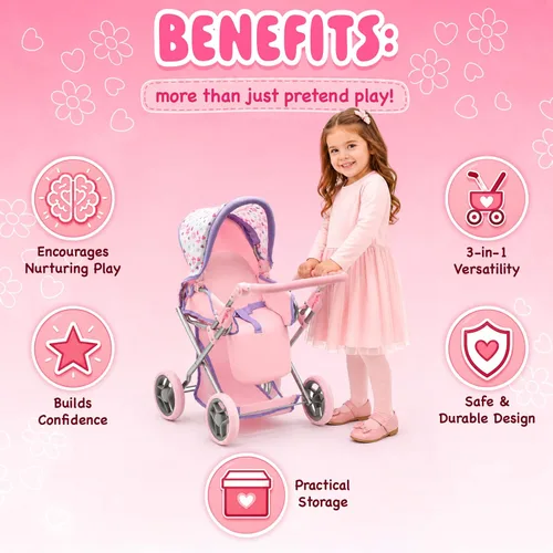 Vista 6 de Cochecito convertible de muñeca con moisés de viaje extraíble para niños, asa ajustable, con toldo y cesta de almacenamiento, 25 pulgadas