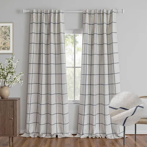 Vista 38 de MYSKY HOME Cortinas de Lino a Cuadros 100% Opacas de 45 Pulgadas de Largo de Doble Capa Estilo Granja con Aislamiento Térmico Estampado a Cuadros