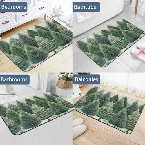 Vista 5 de Alfombra de baño de goma antideslizante de pino verde con copos de nieve, secado rápido, súper absorbente, ajuste fino debajo de la puerta, árboles