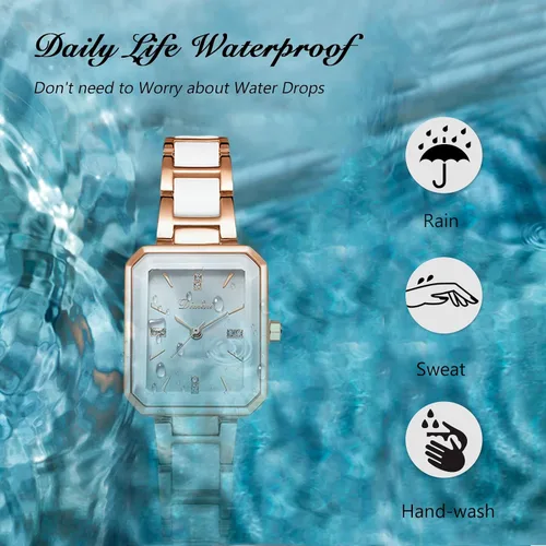 Vista 6 de RORIOS Reloj analógico de cuarzo para mujer, con correa de cerámica, reloj de pulsera cuadrado impermeable para mujeres y mujeres