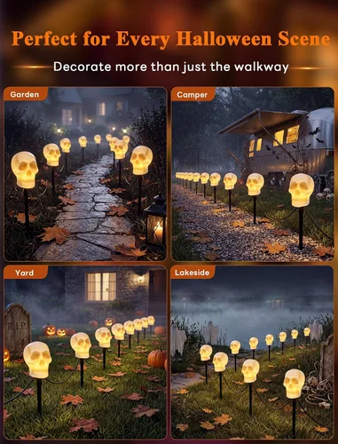 Vista 3 de Luces de estaca C7 de Halloween con calavera, 7 pies, cadena de luces de camino de Halloween con 4 bombillas C7, estaca, decoraciones de Halloween