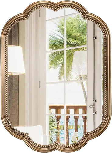 Vista 9 de Espejo de pared festoneado, espejo ovalado dorado de 22 x 30 pulgadas, marco decorativo de cuentas doradas, espejos dorados antiguos de flores