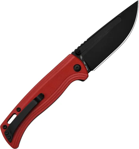 Vista 3 de CJRB CUTLERY Cuchillo de bolsillo Recurso (J1932) para pulgar, cuchillo plegable para hombre, hoja de acero PVD AR-RPM9 negro y mango rojo G10