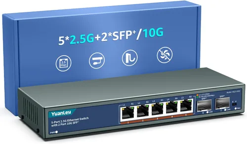 Vista 10 de Switch Ethernet no gestionado de 6 puertos 2.5G, 4 puertos Base-T de 2.5G, 2 SFP de 10G, compatible con 100/1000/2500Mbps, VLAN, sin ventilador