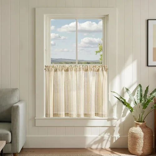Vista 77 de Jinchan - Cortinas de lino a rayas para cocina, 24 pulgadas, beige, 2