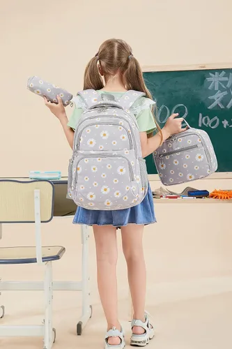 Vista 14 de goldwheat Mochilas impresas margaritas con paquete de almuerzo, estuche de lápices 3pcs, bolsa ligera resistente al agua para la escuela secundaria